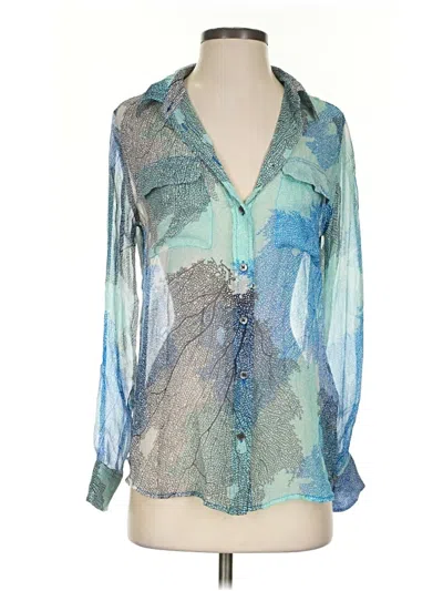 Pre-owned Equipment Long Sleeve Silk Top Teal Print Pattern Plunge Neckline Tops