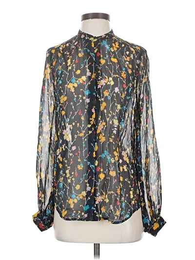 Pre-owned Equipment Long Sleeve Silk Top Teal Print Pattern Tie Neck Tops