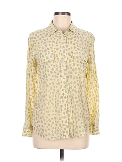 Pre-owned Equipment Long Sleeve Silk Top Yellow Animal Print Pattern Collared Neckline Tops