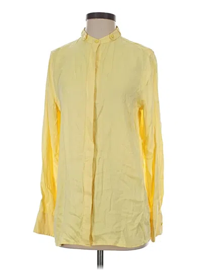 Pre-owned Equipment Long Sleeve Silk Top Yellow Color Block Pattern Mock Neckline Tops