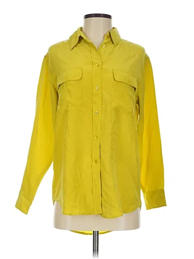 Pre-owned Equipment Long Sleeve Silk Top Yellow Solid Pattern Collared Neckline Tops