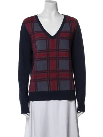 Pre-owned Equipment Plaid Print V-neck Sweater In Blue
