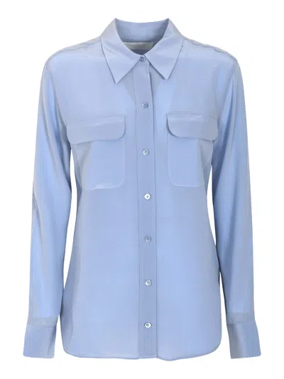 Equipment Round Hem Patched Pocket Plain Shirt In Blu