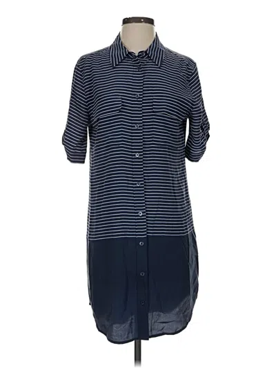 Pre-owned Equipment Short Sleeve Silk Top Blue Stripes Pattern Mock Neckline Tops