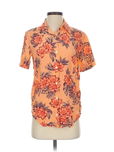 Pre-owned Equipment Short Sleeve Silk Top Orange Floral Pattern Collared Neckline Tops