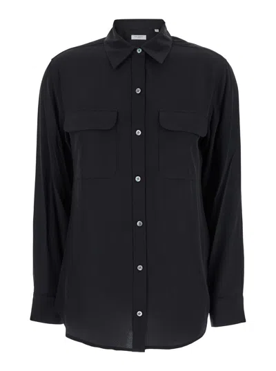 EQUIPMENT SIGNATURE BLACK SHIRT WITH PATCH POCKETS IN SILK WOMAN
