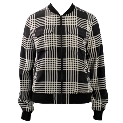 Pre-owned Equipment Size L Black White Silk Plaid Zip Up Bomber Jacket