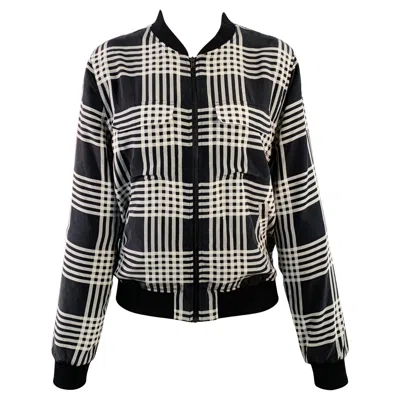 Pre-owned Equipment Size S Black White Silk Plaid Zip Up Bomber Jacket