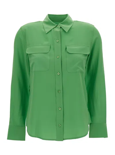 Equipment Slim Signature Emerald Green Shirt With Classic Collar In Silk Woman In Verde