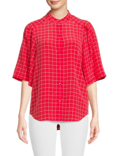 Equipment Women's Check Short Sleeve Silk Blouse In Hibiscus