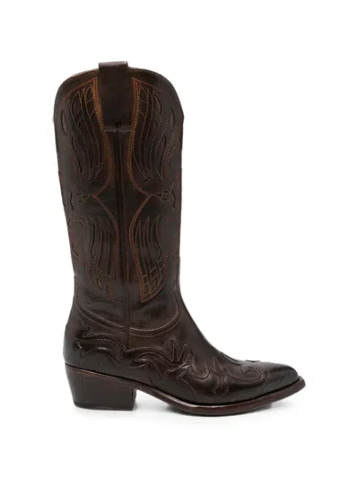 Eraldo Embroidered Leather Boots In Brown