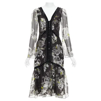 Pre-owned Erdem 2016 Makayla Black Grey 100% Silk Floral Back Cut Out Dress Uk6 Xs In Gray