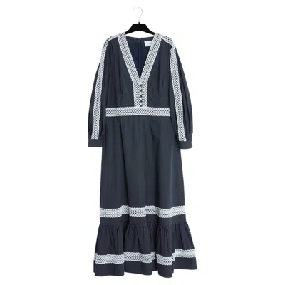 Pre-owned Erdem 2021 Robe Marine Maxi Fr44 Swiss Dotted Navy Cotton Maxi Dress Uk16 Us12 In Blue