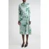 Erdem Abstract Rose Print Draped Long Sleeve Satin Midi Dress In Green