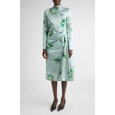 Erdem Abstract Rose Print Draped Long Sleeve Satin Midi Dress In Green