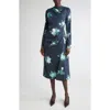Erdem Abstract Rose Print Draped Long Sleeve Stretch Cady Midi Dress In Blue