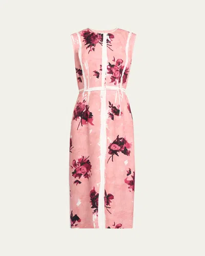 Erdem Abstract Rose Sleeveless Pencil Midi Dress In Multi
