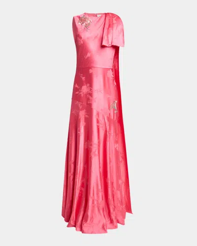 Erdem Asymmetric Drape Floral Silk Jacquard Gown In Red
