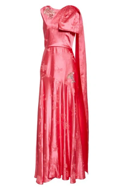Erdem Asymmetric Draped Floral Jacquard Satin Gown In Coral Haze