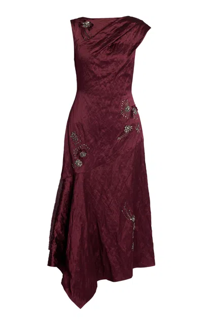 Erdem Asymmetric Embroidered Satin Midi Dress In Burgundy