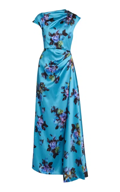 Erdem Asymmetric Floral Duchess Gown In Blue