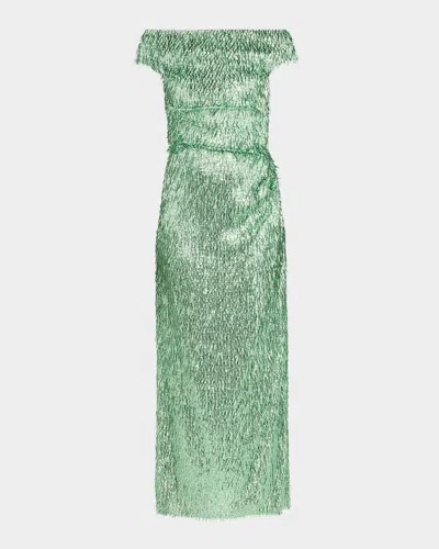 ERDEM BEADED FRINGE OFF-THE-SHOULDER MIDI COCKTAIL DRESS