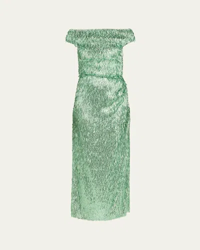 Erdem Beaded Fringe Off-the-shoulder Midi Cocktail Dress In Green