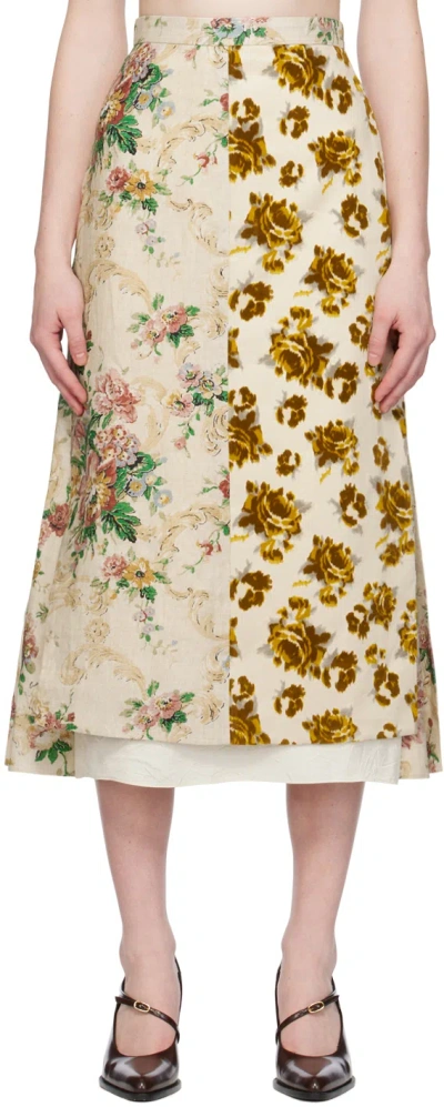 Erdem Beige Pleated Midi Skirt In Ecru + Multi