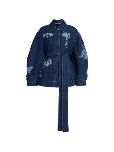 Erdem Belted Floral-print Denim Jacket In Blue