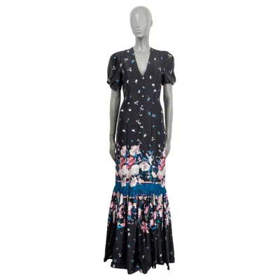 Pre-owned Erdem Black Blue Pink Silk 2020 Rosetta Floral Maxi Dress 8 Xs