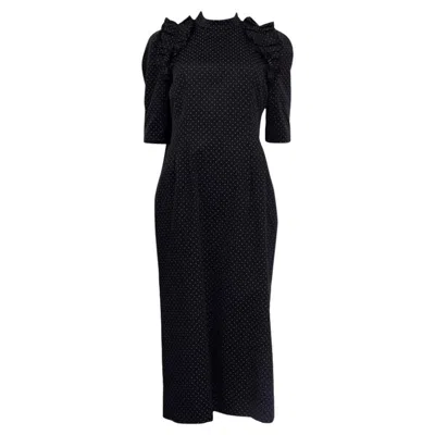 Pre-owned Erdem Black White Margaretta Polka Dot Midi Shift Dress 12 M