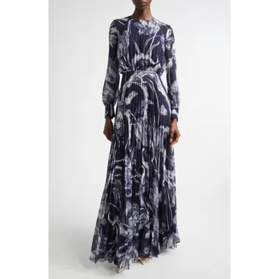 Erdem Botanical Engraving Pleated Long Sleeve Voile Gown In Multi