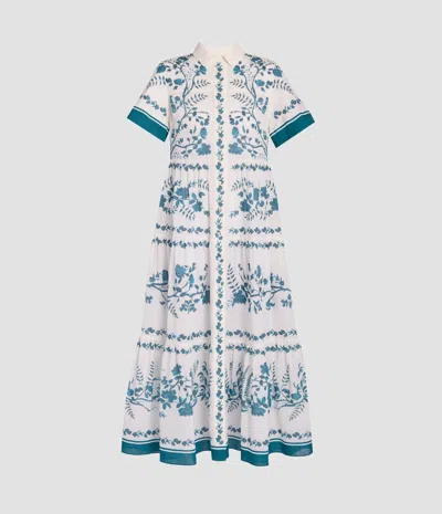 Erdem Womens Wild Fern Bot Dream Blue Botanical-print Tiered Cotton And Linen-blend Midi Shirt Dress In White