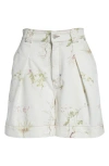 Erdem Botanical Print Pleated High Waist Denim Shorts In White