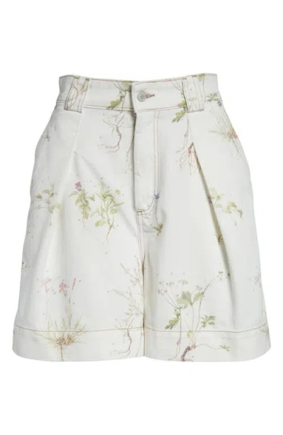 Erdem Botanical Print Pleated High Waist Denim Shorts In White