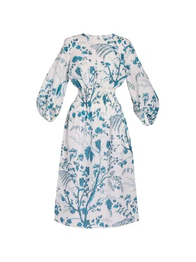 Erdem Botanical-print Shirred-waist Midi Dress In White
