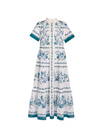 Erdem Womens Wild Fern Bot Dream Blue Botanical-print Tiered Cotton And Linen-blend Midi Shirt Dress In White