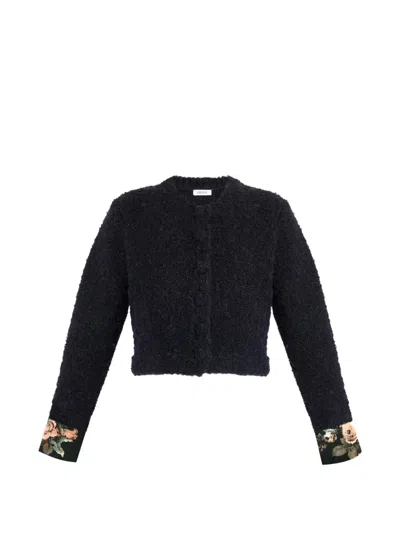 Erdem Bouclé Floral-cuff Cardigan In Black