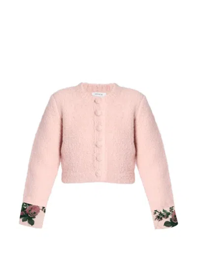 Erdem Bouclé Floral-detail Cardigan In Pink