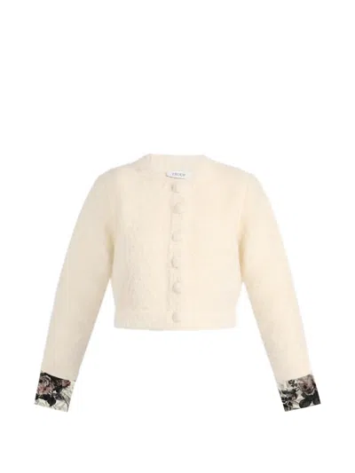 Erdem Bouclé Floral-trim Cardigan In Multi