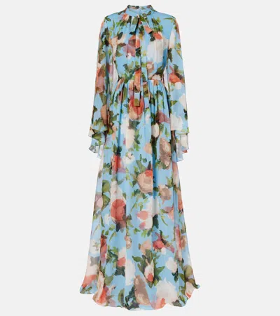 Erdem Caped Floral Silk Voile Gown In Blue
