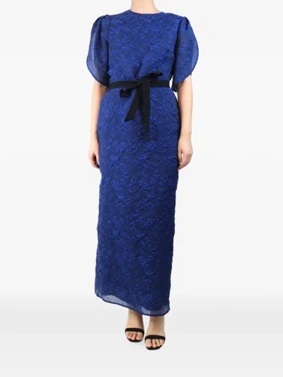 Pre-owned Erdem Cloque Belted Dress In Blue