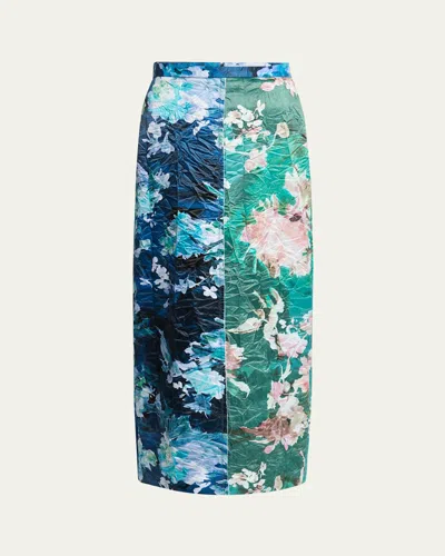 Erdem Colorblock Floral Satin Midi Pencil Skirt In Blue