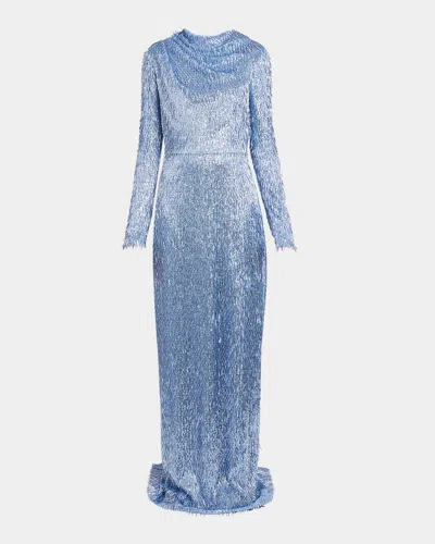 Erdem Cowl-neck Long-sleeve Sequined Gown In Blue