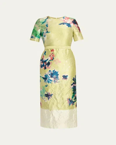 Erdem Crinkled Metallic Floral Short-sleeve Midi Dress In Yellow