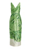 Erdem Face-print Sleeveless Crinkle Satin Midi Cocktail Dress In Green