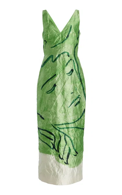 Erdem Crinkled Satin Midi Dress In Green