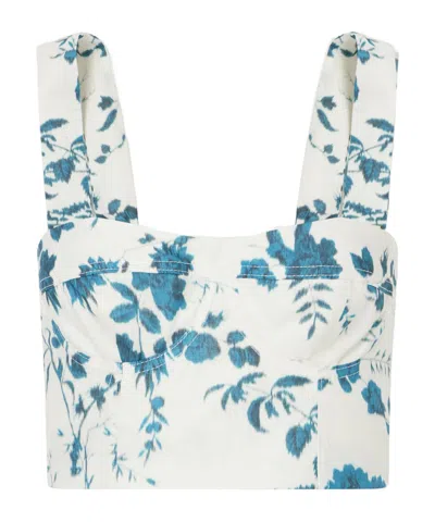 Erdem Crop Floral-print Cotton And Linen-blend Top In Blue