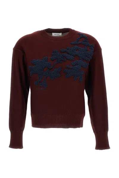 Erdem Cropped Crewneck Sweater With Jacquard Floral Motifs In Burgundy
