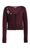 Erdem Cropped Embroidered Knit Cardigan In Burgundy